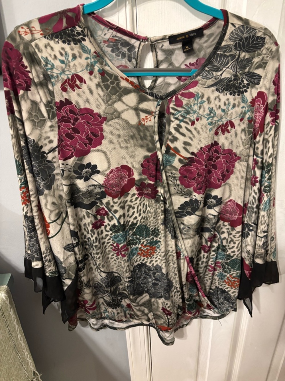 Jeanne & Amie's Floral Wrap Blouse in Magenta and Gray